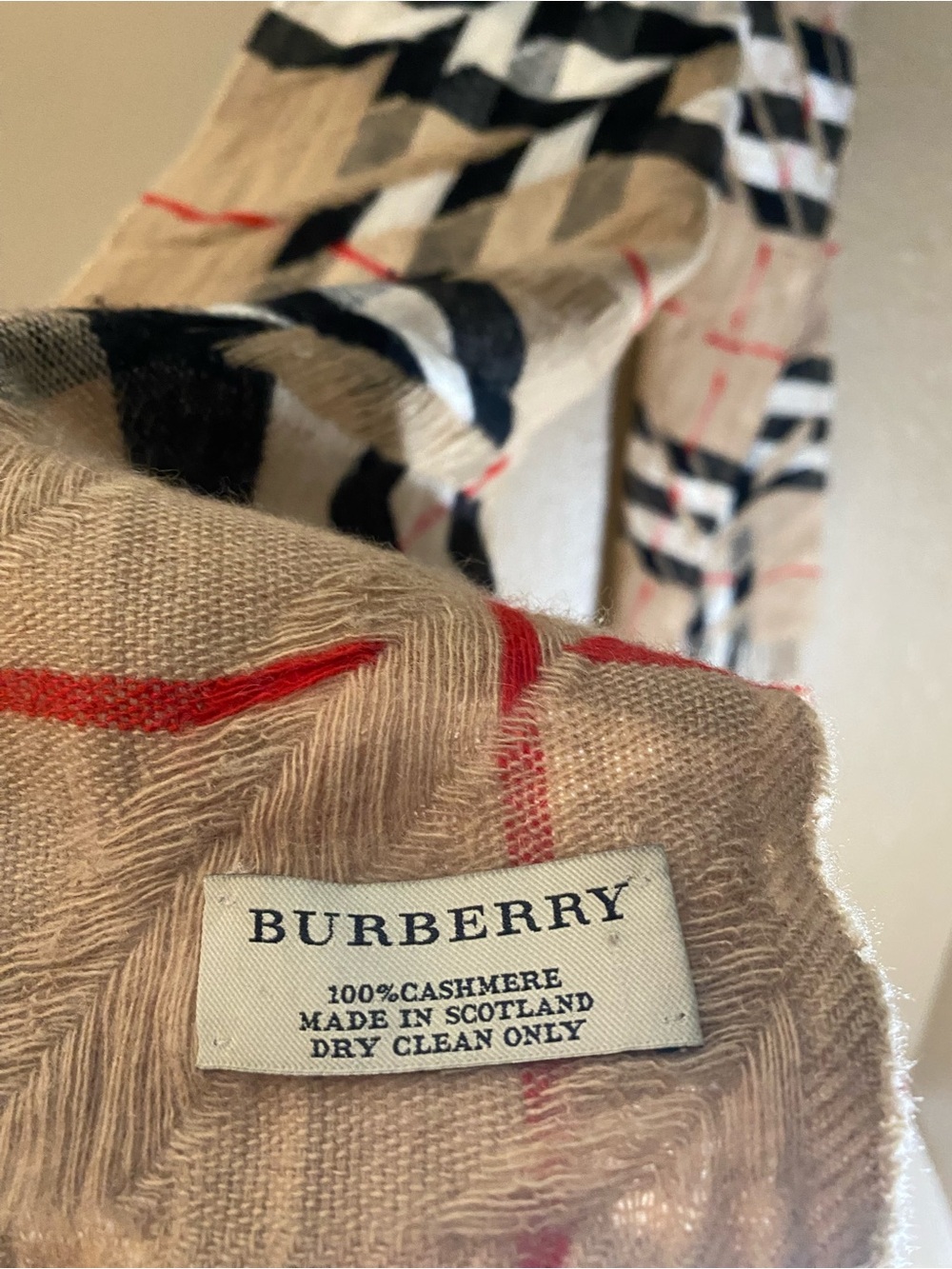 Burberry Beige Cashmere Check Scarf with Black and Red Accents